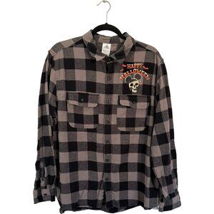 Disney Parks Halloween Flannel Shirt Men’s XL Plaid Mickey Skull Glow Skeleton